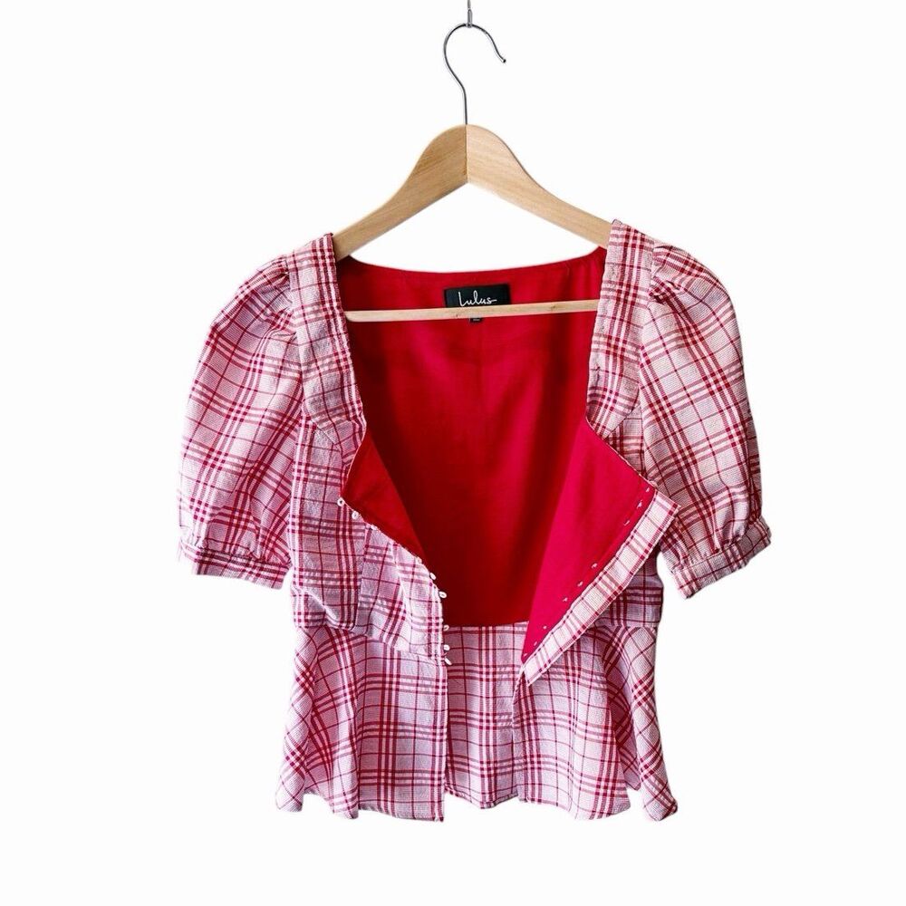 Lulus Red Plaid Peplum Top XS Cottagecore Puff Sleeve Milkmaid Coquette Blouse - Picture 5 of 11